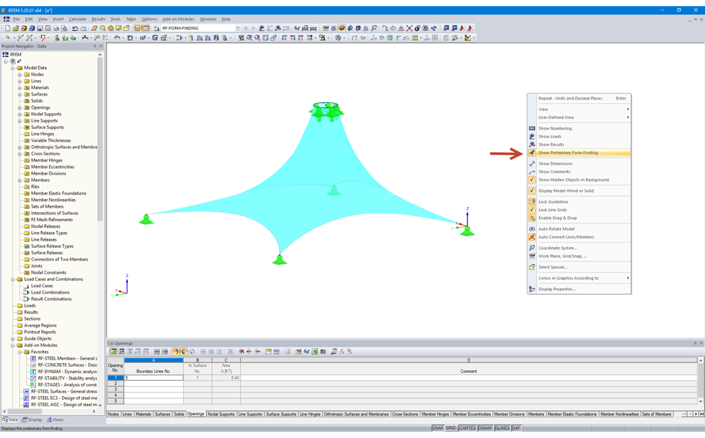 "Show Preliminary Form-Finding" Option in Shortcut Menu