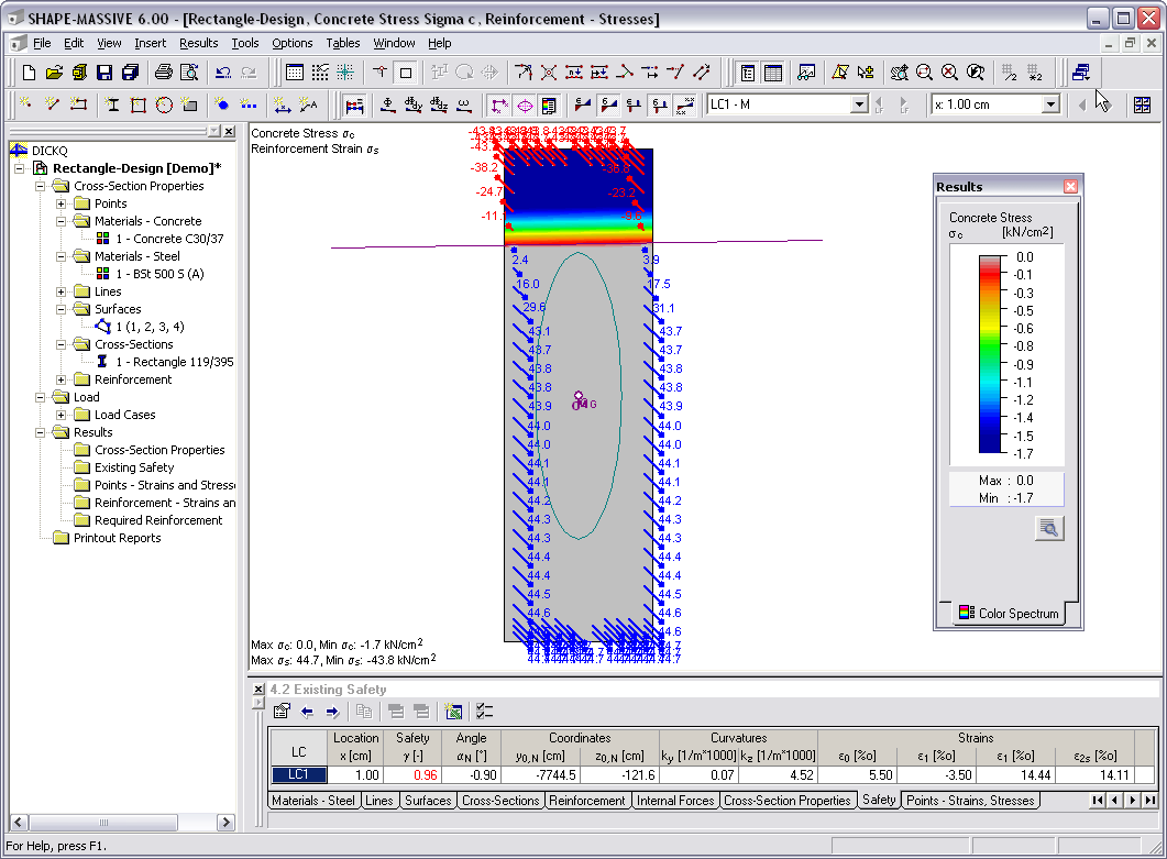 THICKQ Cross-Section Properties Program | Results - Distribution of Concrete Stresses and Reinforcement Stresses