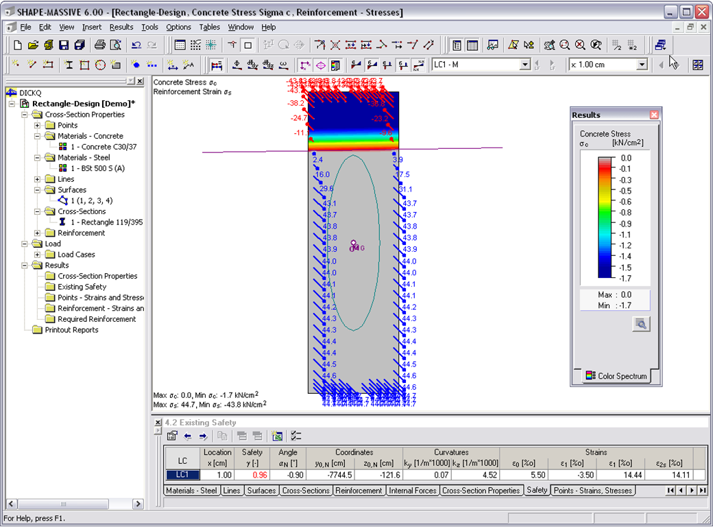 THICKQ Cross-Section Properties Program | Results - Distribution of Concrete Stresses and Reinforcement Stresses