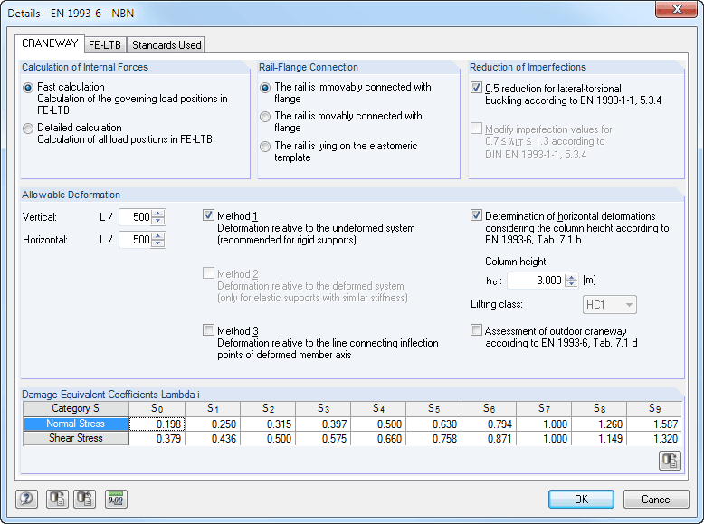 Detailed Settings for Crane Runway Calculation