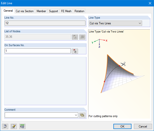 Decomposition of membrane surface using the line type "Intersection by means of two lines"