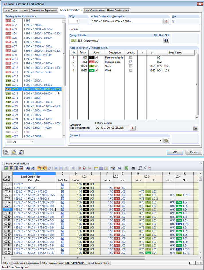 Combinatorics Dialog Box and Table 2.5 Load Combinations