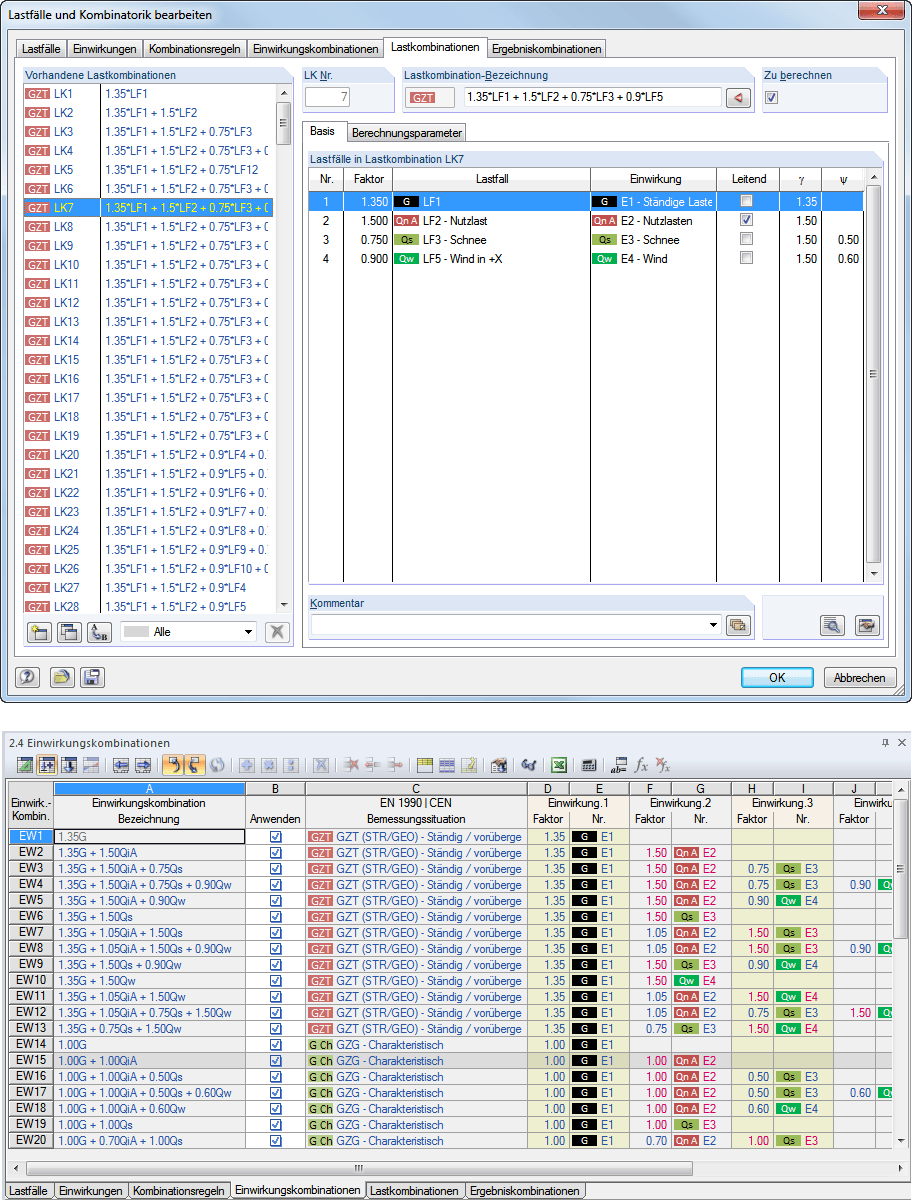 Combinations Dialog Box and Table 2.4 Result Combinations
