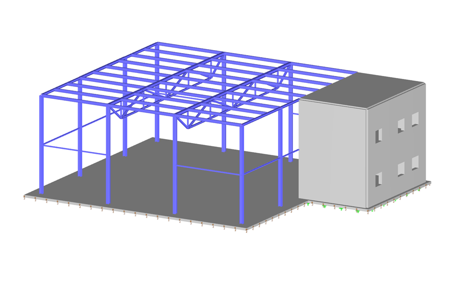 3D Steel Hall with Reinforced Concrete Extension