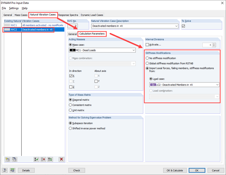 Option "Stiffness Modifications" in DYNAM Pro