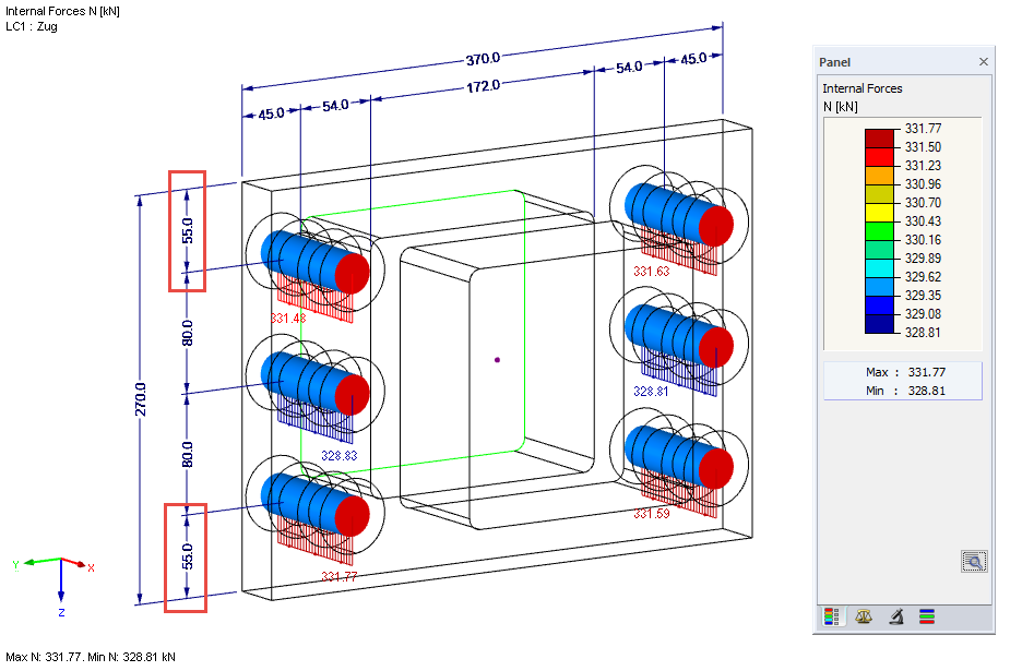 Bolt Forces F,t,Ed (Including Contact Forces) for e = 55 mm