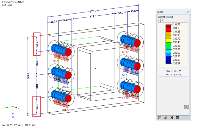 Bolt Forces F,t,Ed (Including Contact Forces) for e = 55 mm