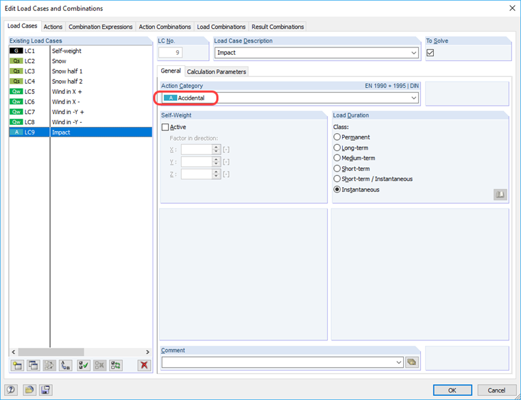 New Load Case with "Accidental" Action Category