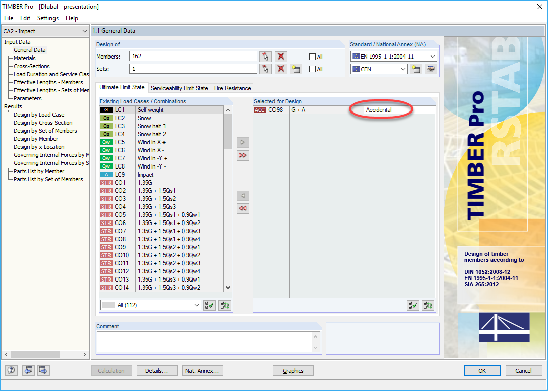General Data in TIMBER Pro with Assigning Design Situation