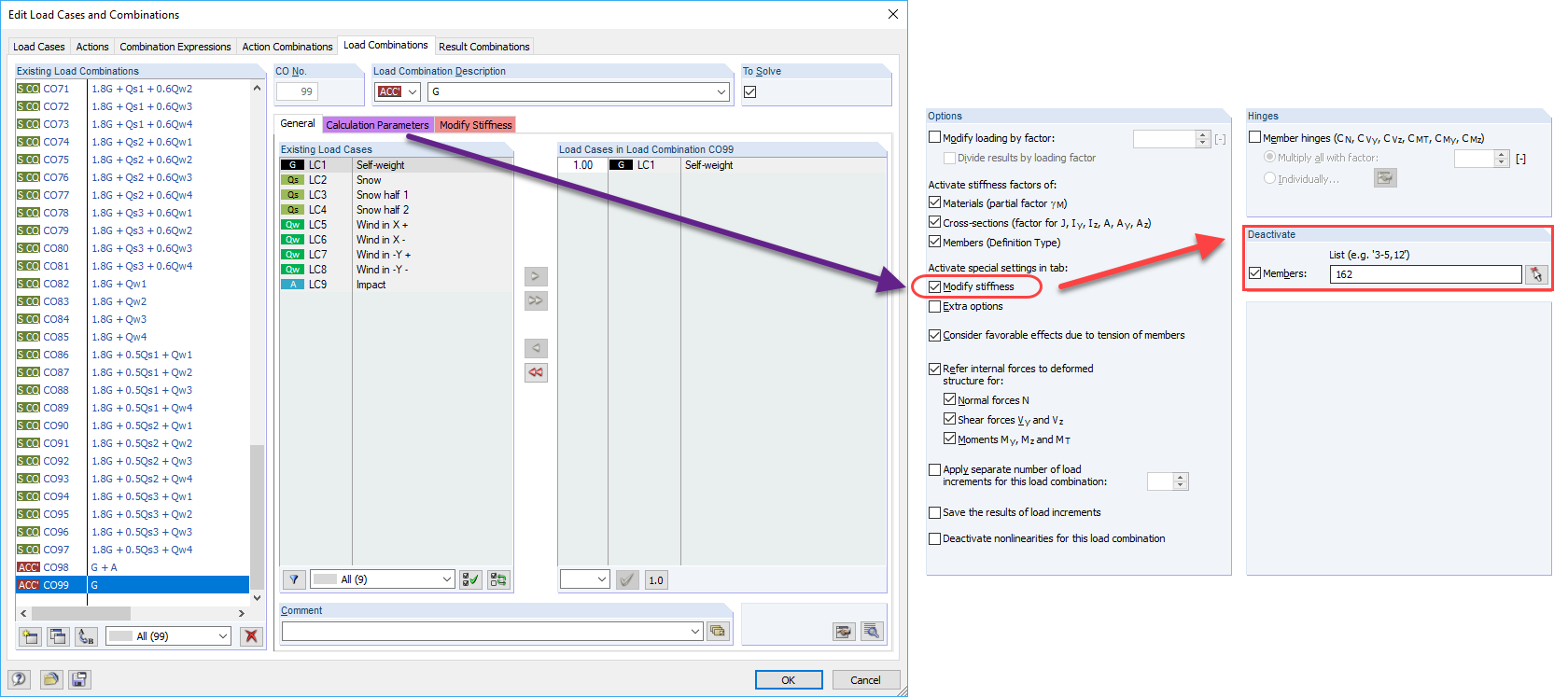 Deactivating Column for Certain Load Combination