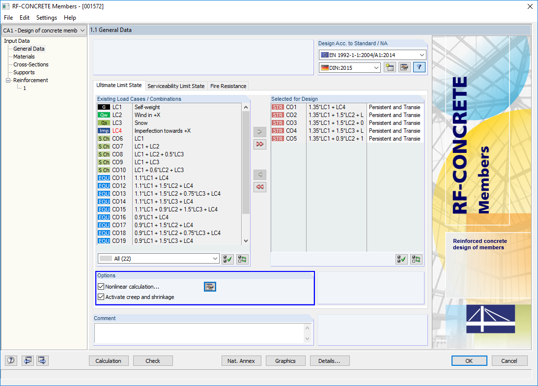 "Nonlinear Calculation" Option in Window "1.1 General Data" in RF-CONCRETE Members