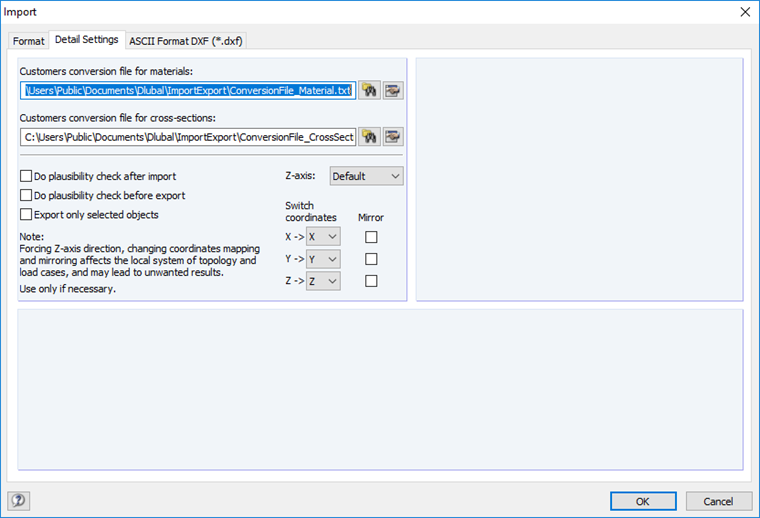 Detail Settings for Import