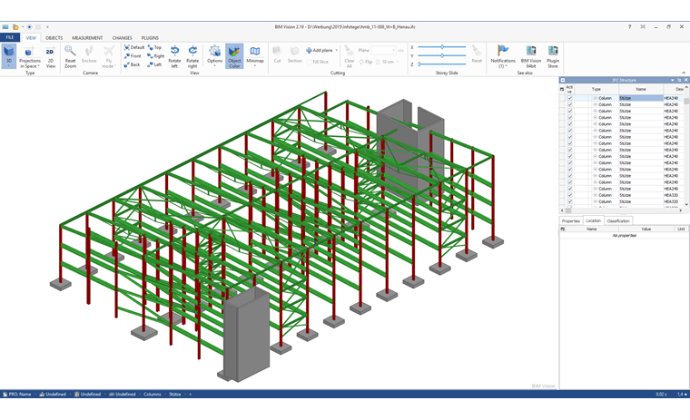 Visualization of BIM Model in Viewer with Option to Display Cross-Sections, Material, and Dimensions
