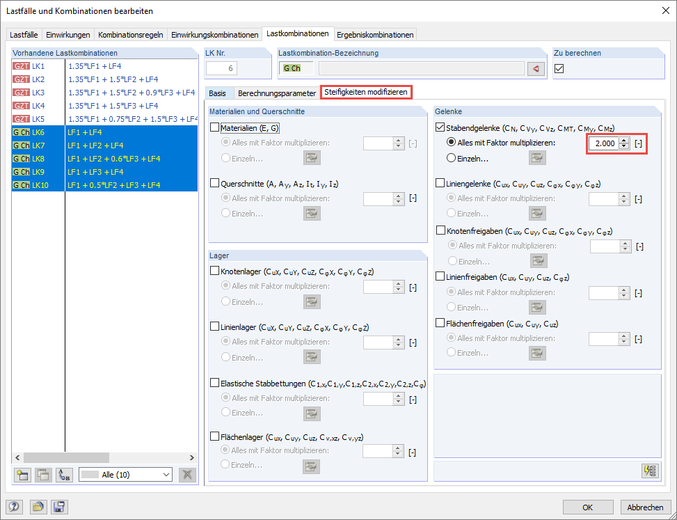 Calculation Parameters - Modify Stiffness for COs in SLS - Characteristic