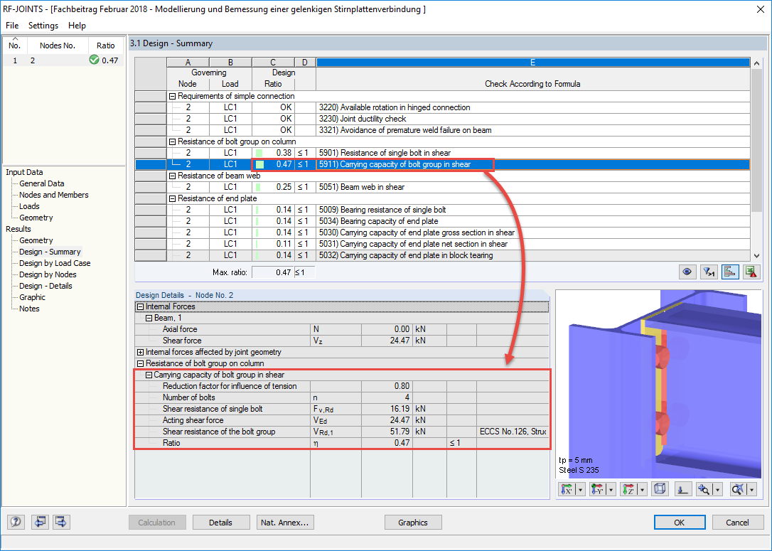 Summary of Design Checks in RF-JOINTS Steel - Pinned