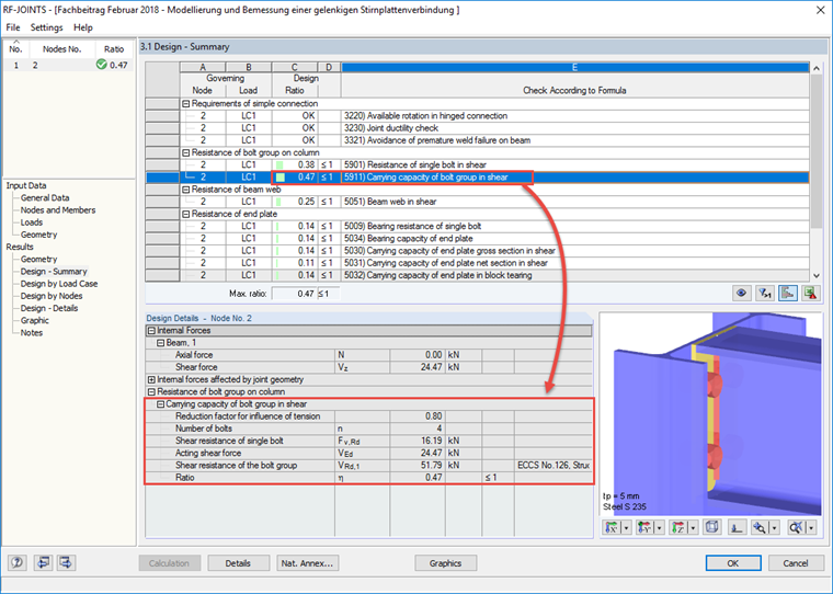 Summary of Design Checks in RF-JOINTS Steel - Pinned