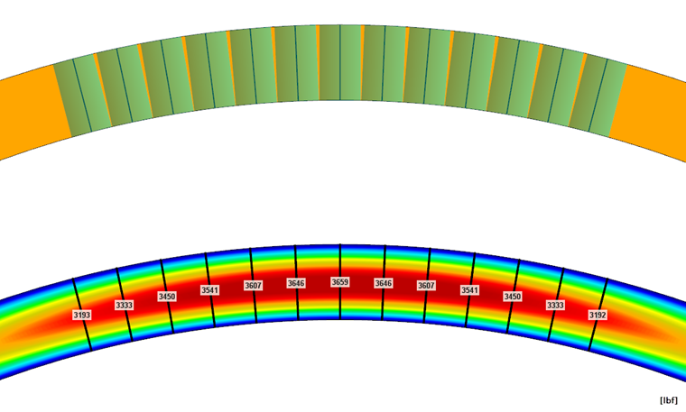 Result Beams with Integration Areas (Top), Tensile Forces in Stiffening Elements (Bottom)
