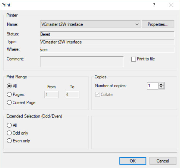 Selecting "VCmaster t2W Interface" Printer