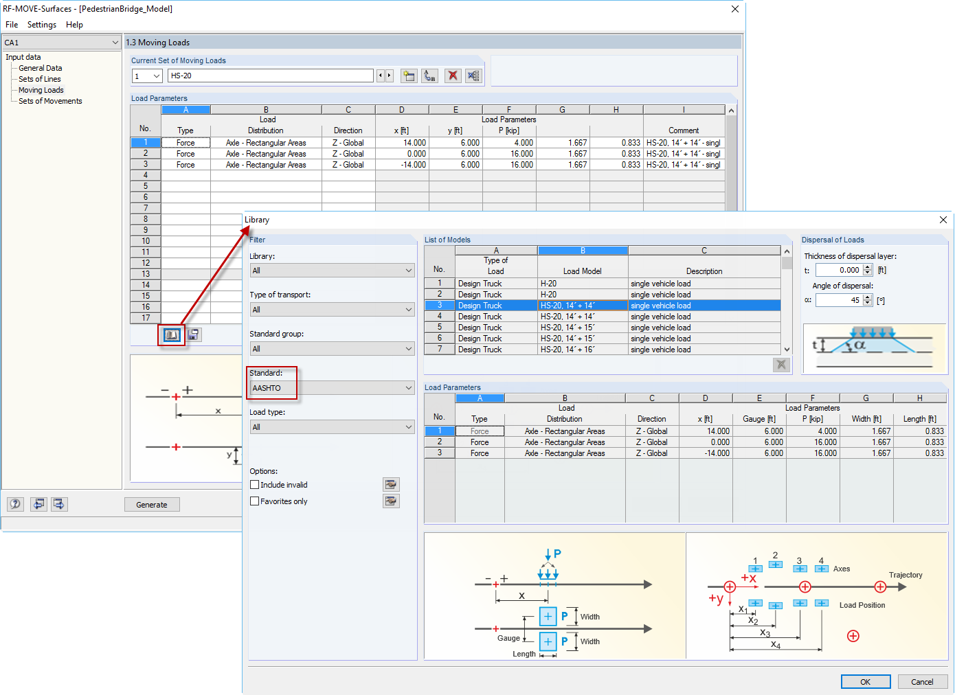Moving Load Library According to Standards AASHTO and AREMA