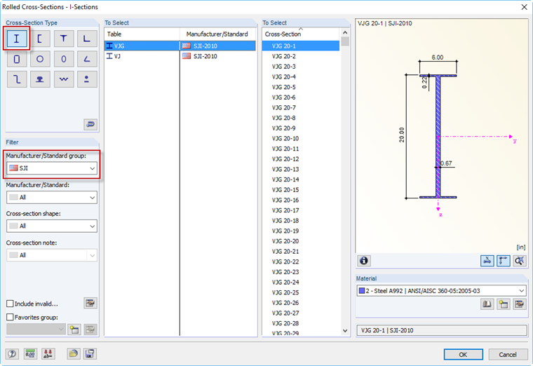 Virtual Joists and Virtual Joist Girders in Cross-Section Database