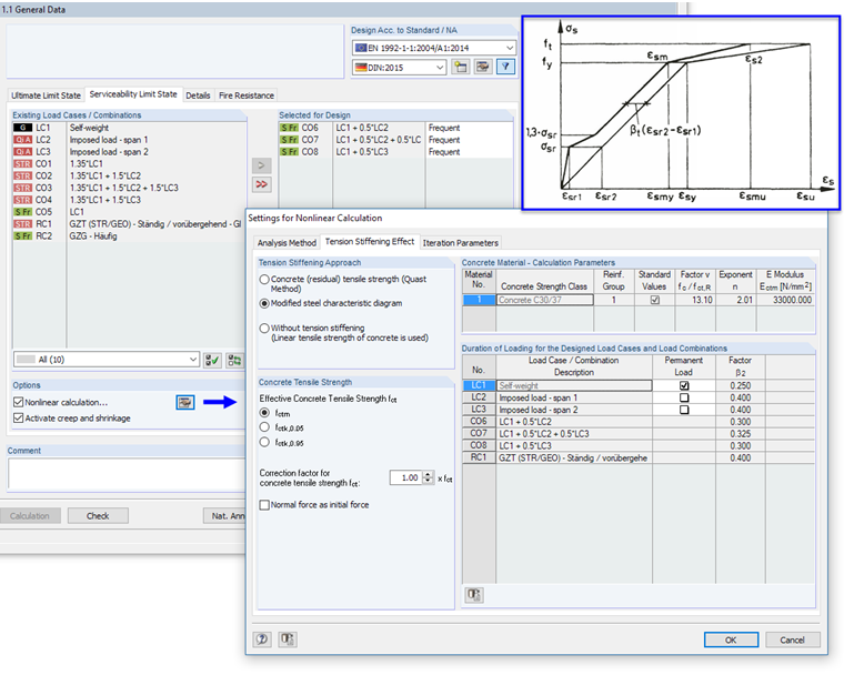Window "1.1 General Data" for Serviceability Limit State with Settings for Nonlinear Calculation According to [2]