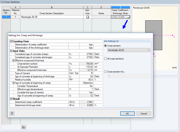 Window "1.3 Cross-Sections" with Settings for Creep and Shrinkage