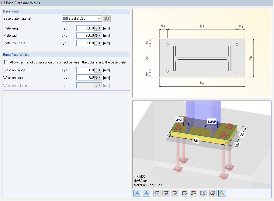 Window "1.5 Base Plate and Welds" in RF-/JOINTS