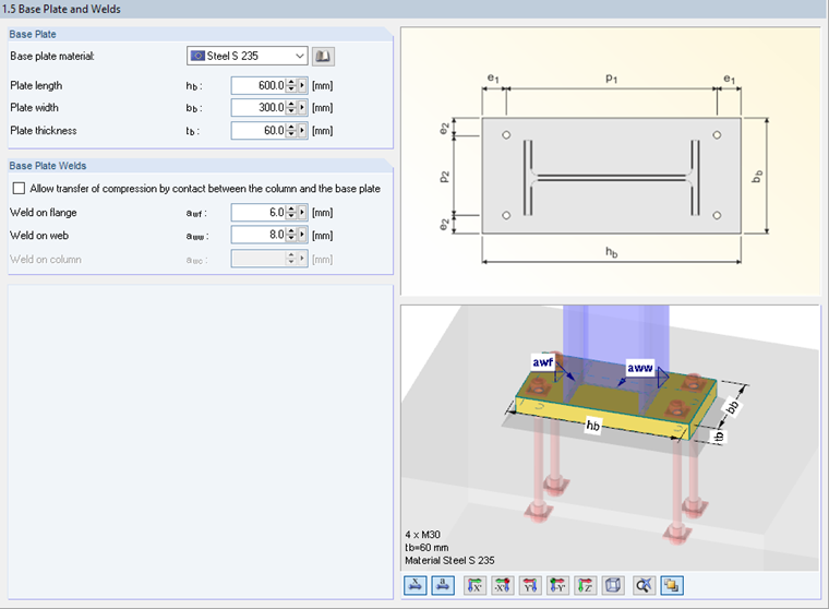 Window "1.5 Base Plate and Welds" in RF-/JOINTS