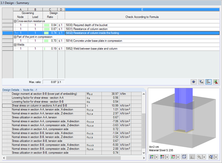 Window 3.1 Design - Summary Including Details of Design of Column in Bucket