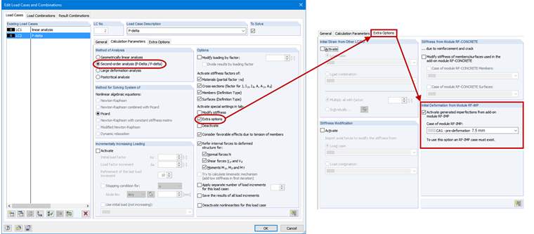 Consideration of Pre-Deformation for Load Cases or Load Combinations