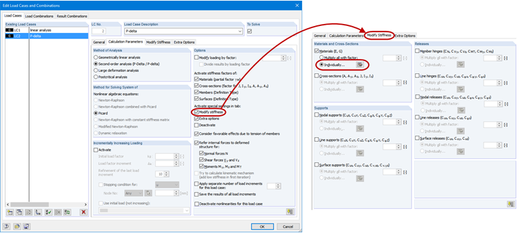 Stiffness Modification for Load Cases or Load Combinations