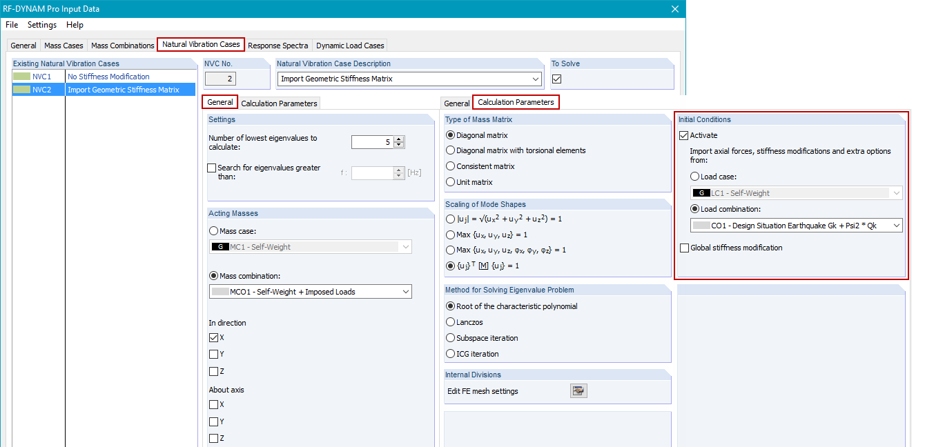 Parameters for Eigenvalue Analysis in RF-DYNAM Pro – Natural Vibrations