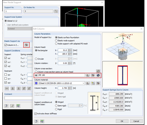 Column Cross-Sections Available for "Column in Z" Nodal Support