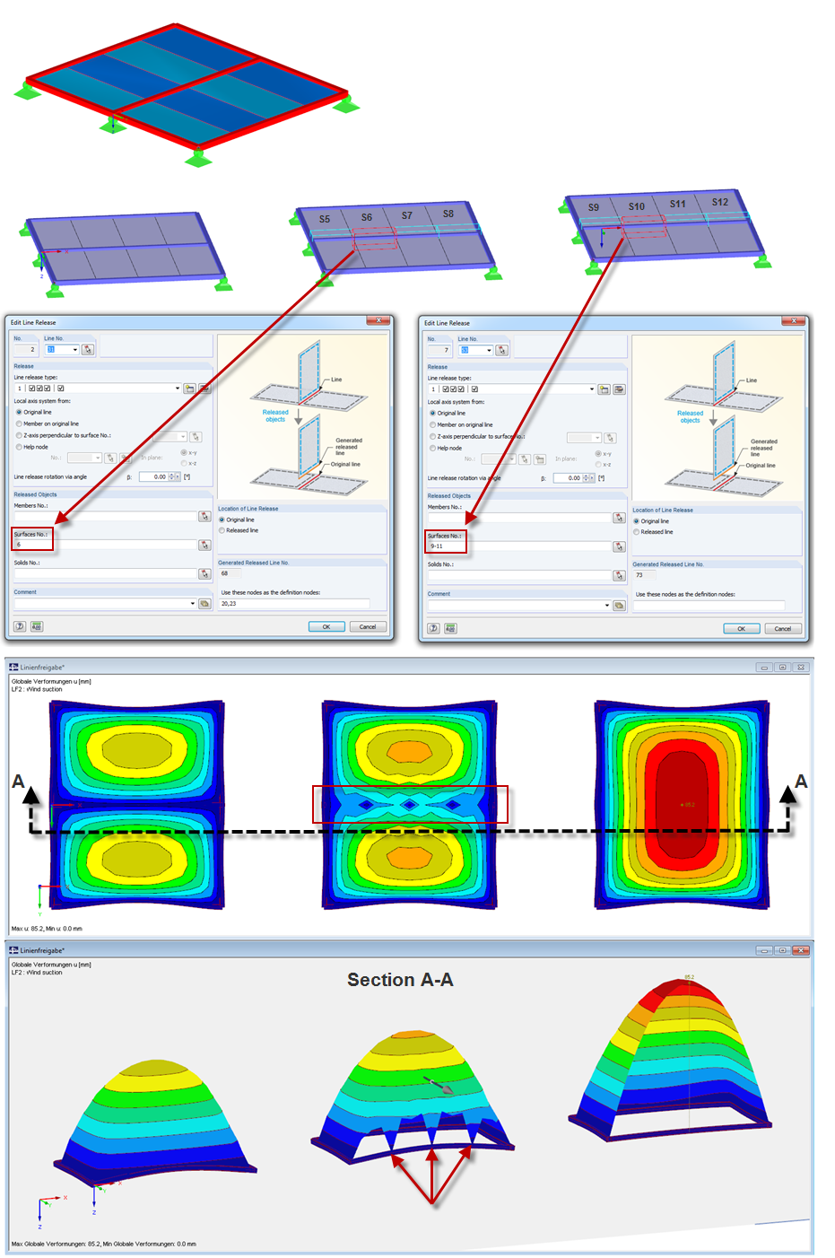 Line Release in Model with Several Surfaces