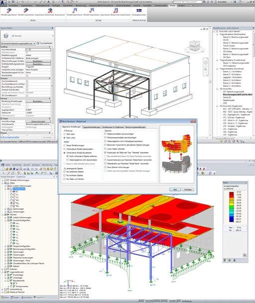 Above: BIM model with integrated structural objects in Autodesk Revit Structure. Center: Control dialog box for transferring the analysis model from Revit Structure to RFEM. Bottom: Calculated analysis model in RFEM