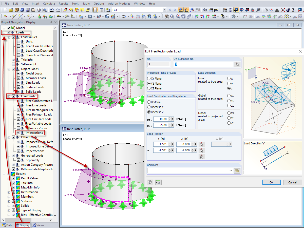 Displaying Intersection of Free Surface Loads