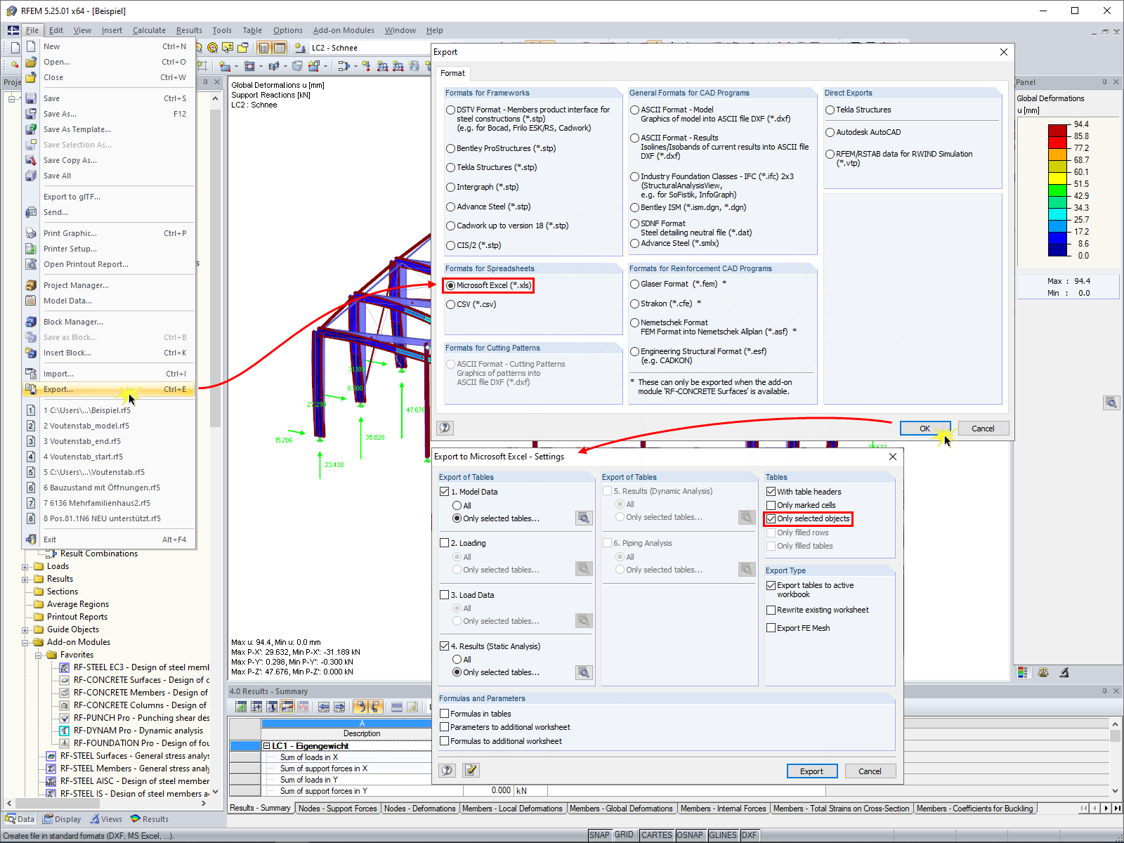 Exporting Results of Selected Objects