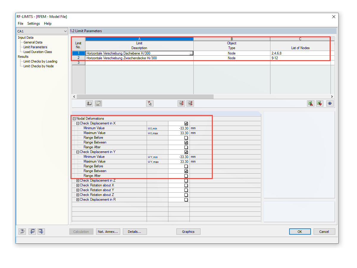 Comparison of Displacements and Defined Limits