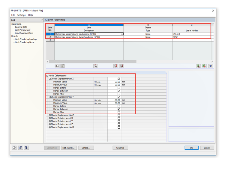 Comparison of Displacements and Defined Limits