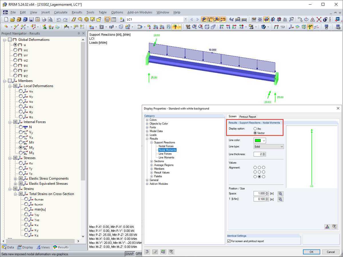 Display of Support Moments as Vector