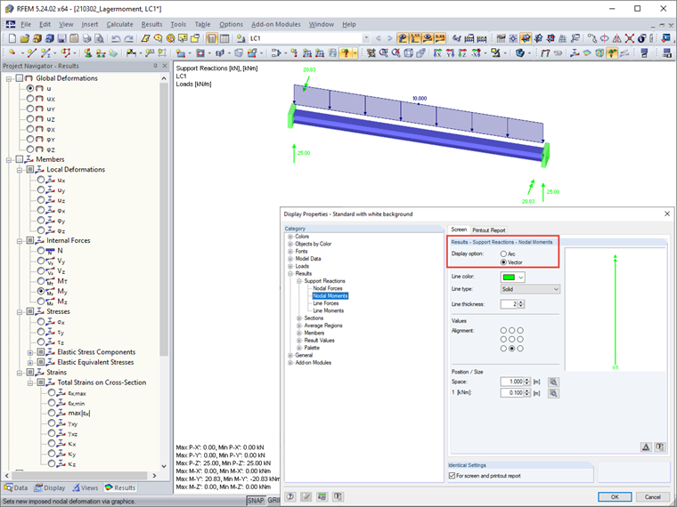 Display of Support Moments as Vector