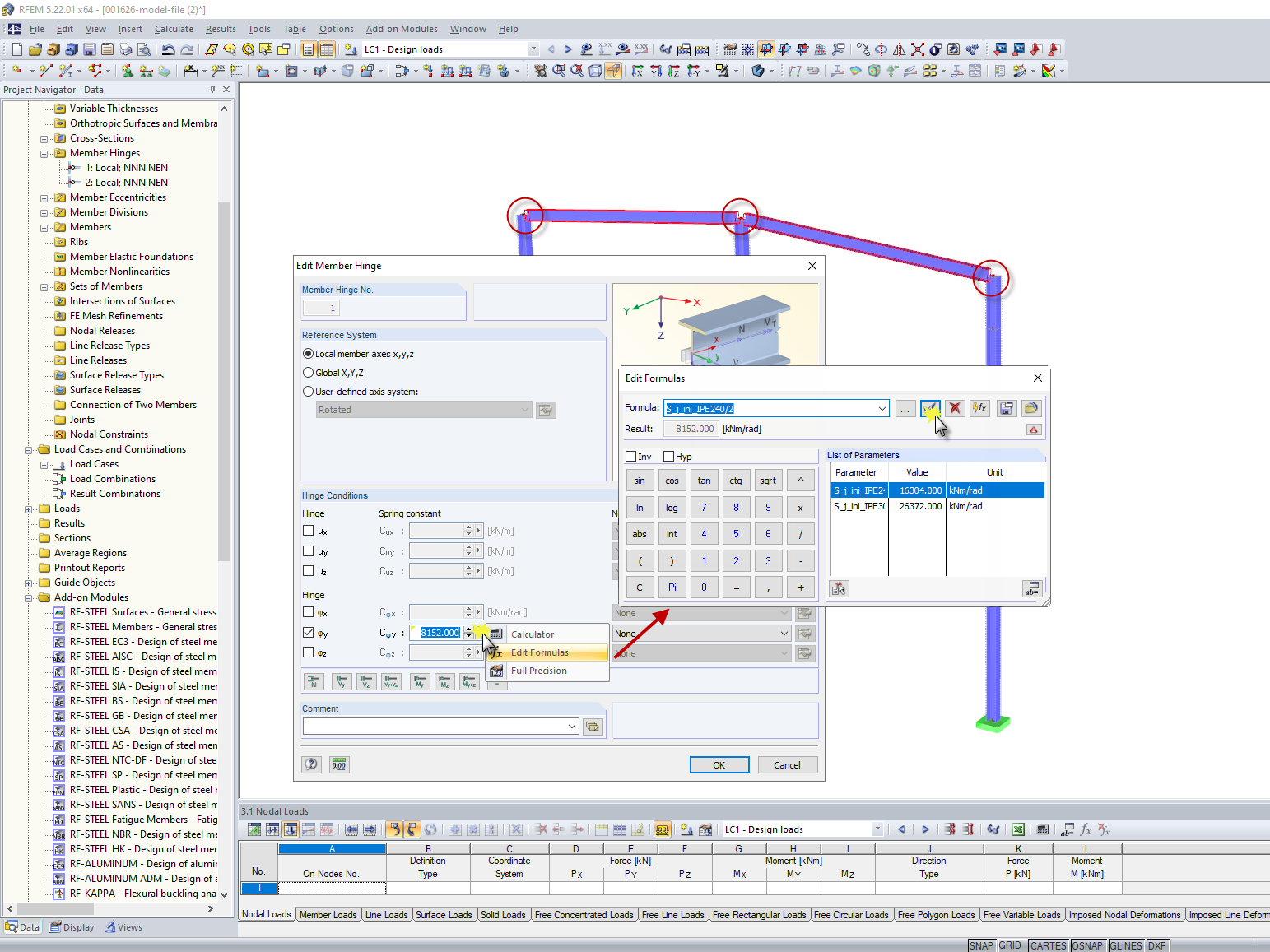 Assignment of Parameter "S_j_ini_IPE240" to Member End Hinge 1