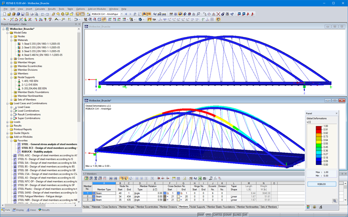 Side View (Top) and First Buckling Mode of Wolbecker Road Bridge in RSTAB (© grbv)