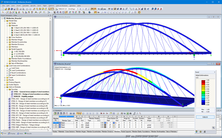 Side View (Top) and First Buckling Mode of Wolbecker Road Bridge in RSTAB (© grbv)