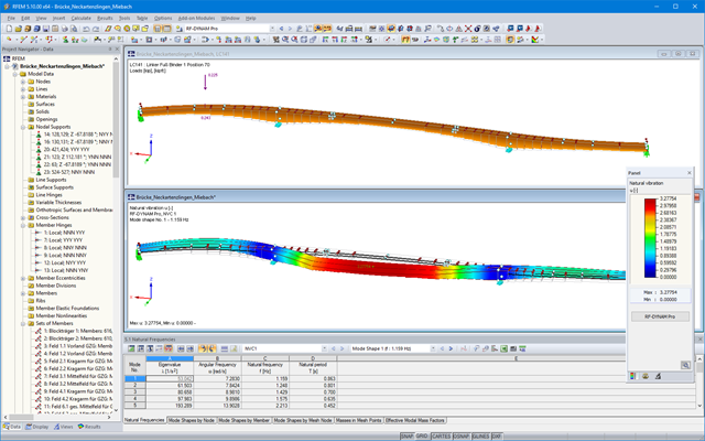 Model and First Mode Shape of Pedestrian and Cycling Bridge in RFEM (© IB Miebach)