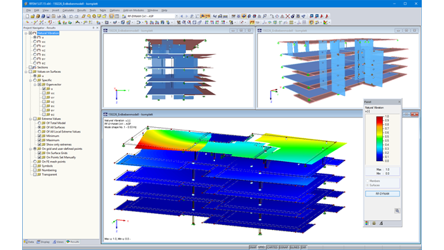 RFEM Model and First Mode Shape of Five-Story Timber Building (© Pirmin Jung Ingenieure)