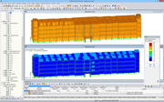 3D Model (Top) and Display of Internal Forces (Bottom) of Timber Support Structure in RFEM (© Nordic Structures, © Schaefer)