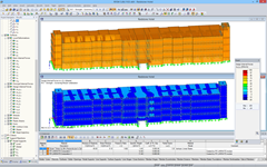 3D Model (Top) and Display of Internal Forces (Bottom) of Timber Support Structure in RFEM (© Nordic Structures, © Schaefer)