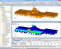 Timber Supporting Structure in RFEM: 3D Model (Top) and Mode Shape Calculated in RF-DYNAM (Bottom) (© Dr. Ing. Berger, Dr. Ing. Gadner Meran)