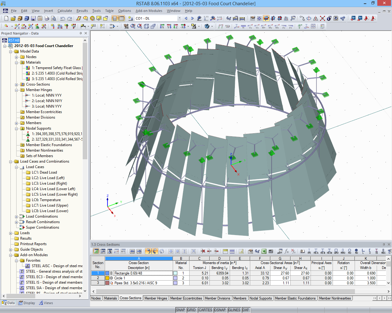 3D Model of Glass Chandelier Supporting Structure in RSTAB (© STUTZKI Engineering)